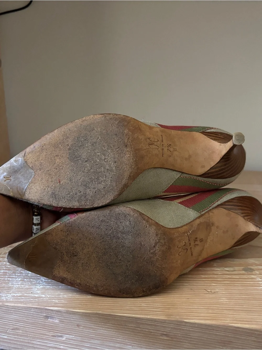 Cole Haan Pointed-Toe Pumps in Beige with Green & Red Stripes